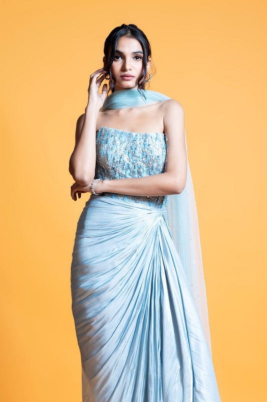 Hydrangea Ice Blue Satin Sangeet Gown
