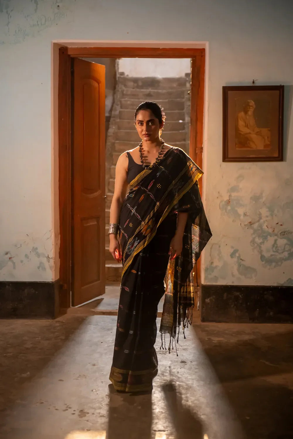 Handloom Black Pure Cotton Saree with Ikkat Border