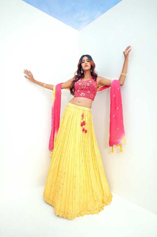 Yellow & Pink Embroidered Viscose Lehenga for Haldi