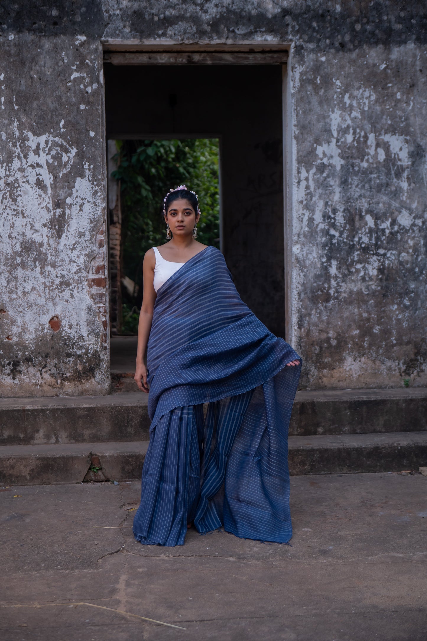Handloom Blue Pure Linen Saree with White Stripes