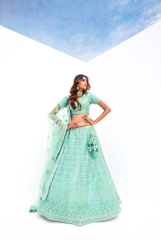 Dazzling Sea Green Embroidered Viscose Lehenga
