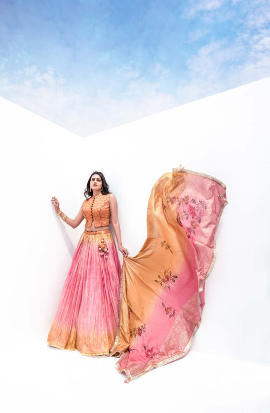 Stunning Pink & Orange Embroidered Lehenga