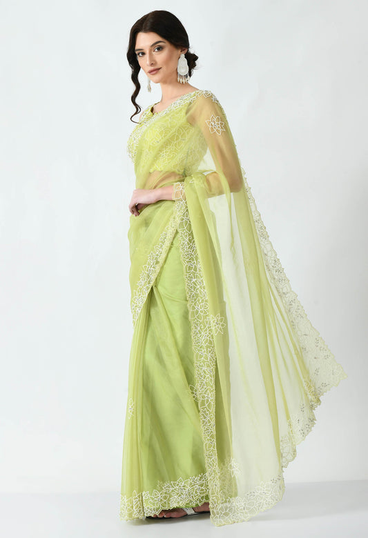 Lime Hand embroidered Organza Special Designer Saree for Bridesmaid