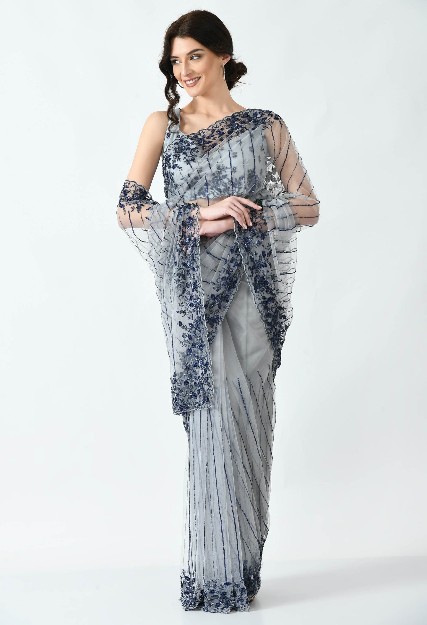 Pearl Hand embroidered Net Special Designer Saree for Wedding