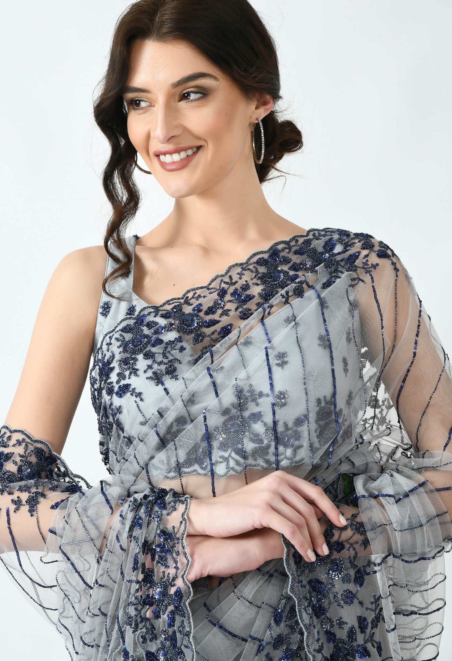 Pearl Hand embroidered Net Special Designer Saree for Wedding