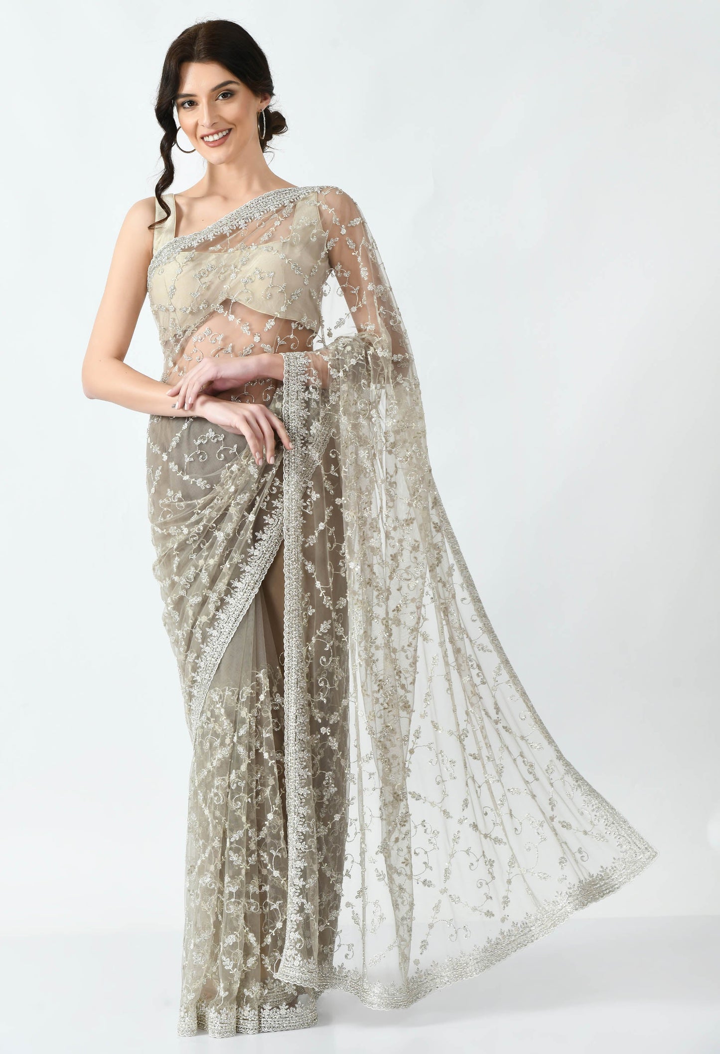 Cream Hand embroidered Net Special Designer Saree for Wedding