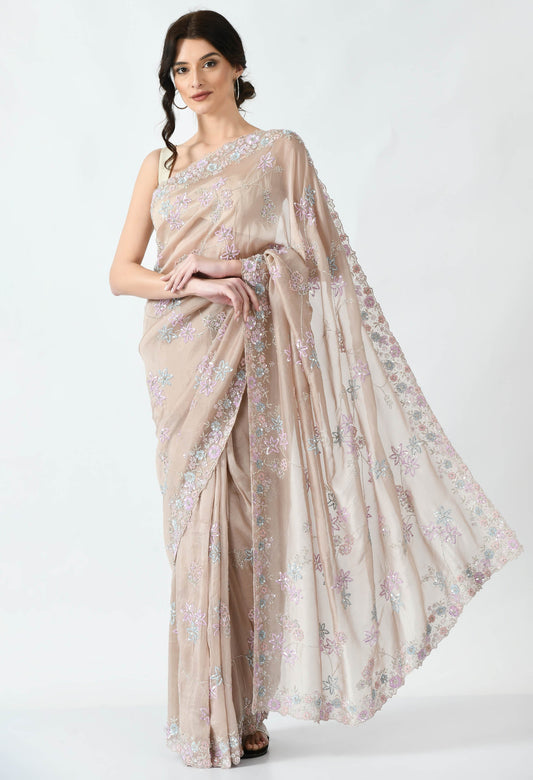 Beige Hand embroidered Floral Organza Special Designer Saree