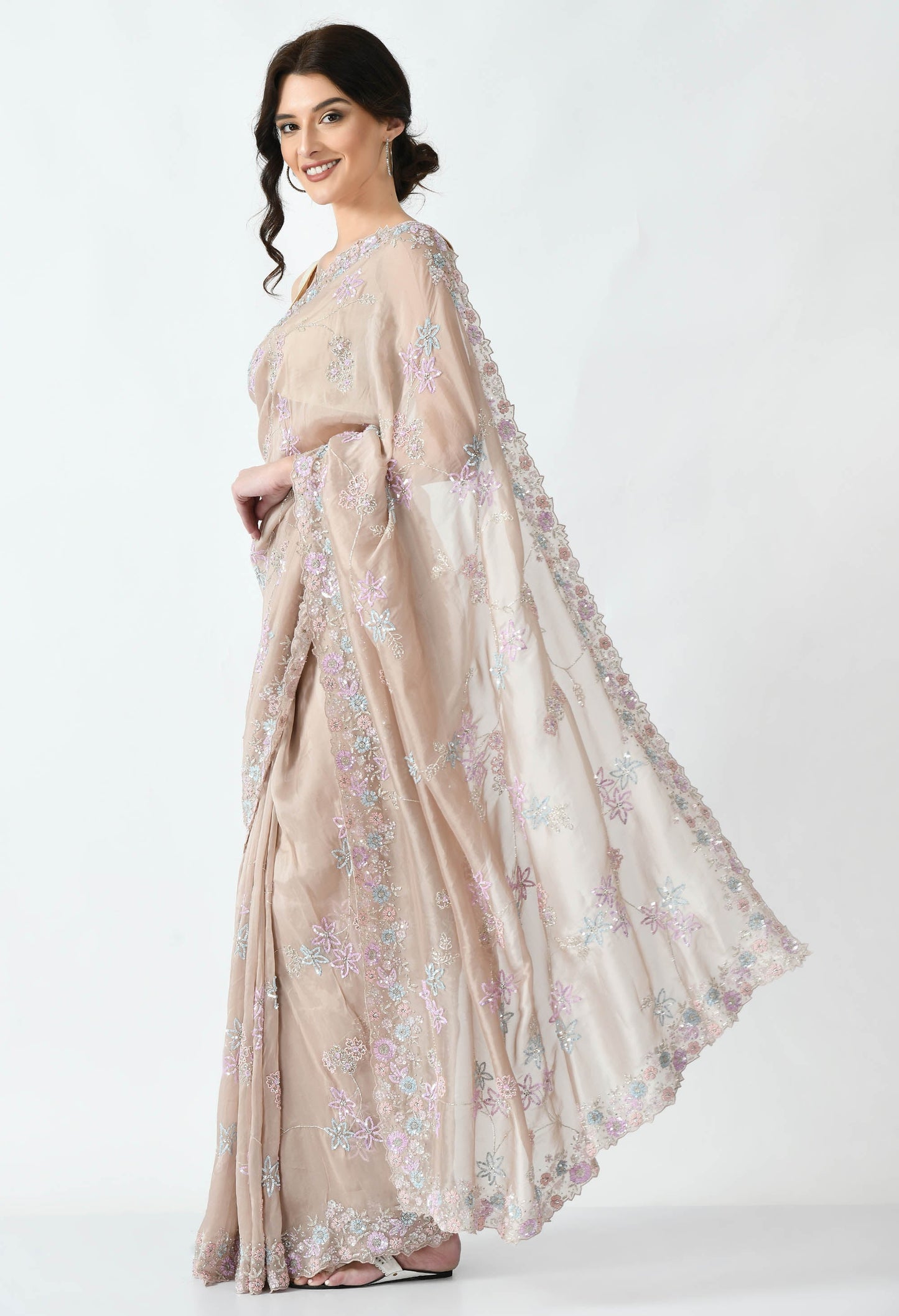 Beige Hand embroidered Floral Organza Special Designer Saree