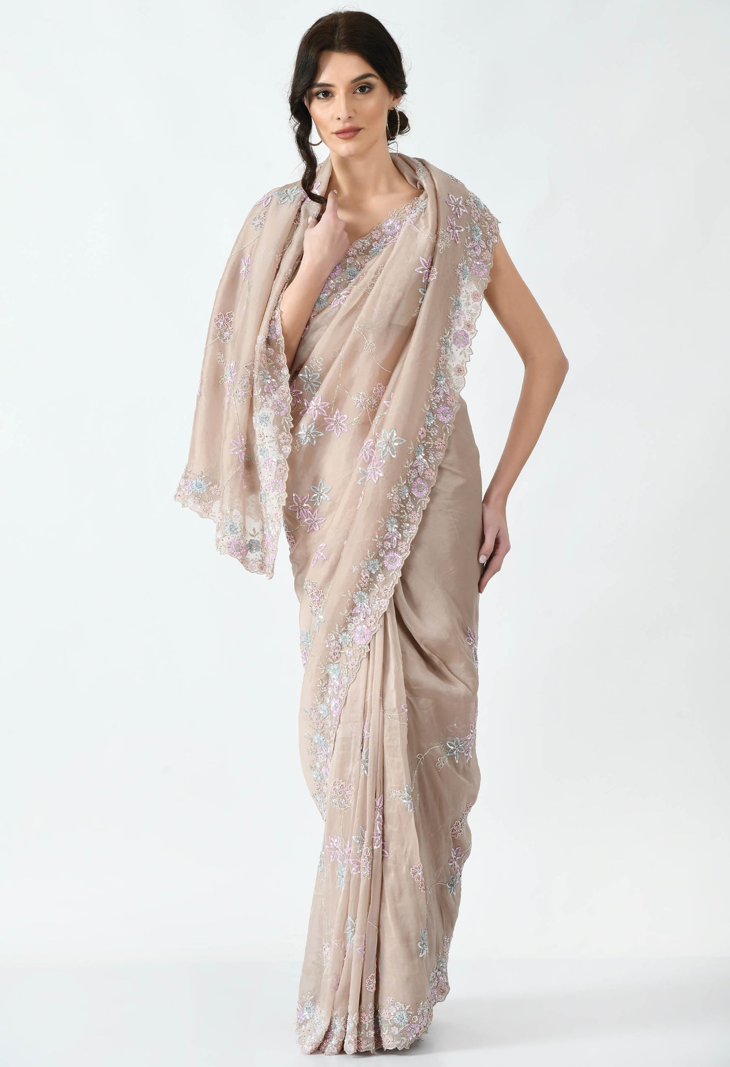 Beige Hand embroidered Floral Organza Special Designer Saree