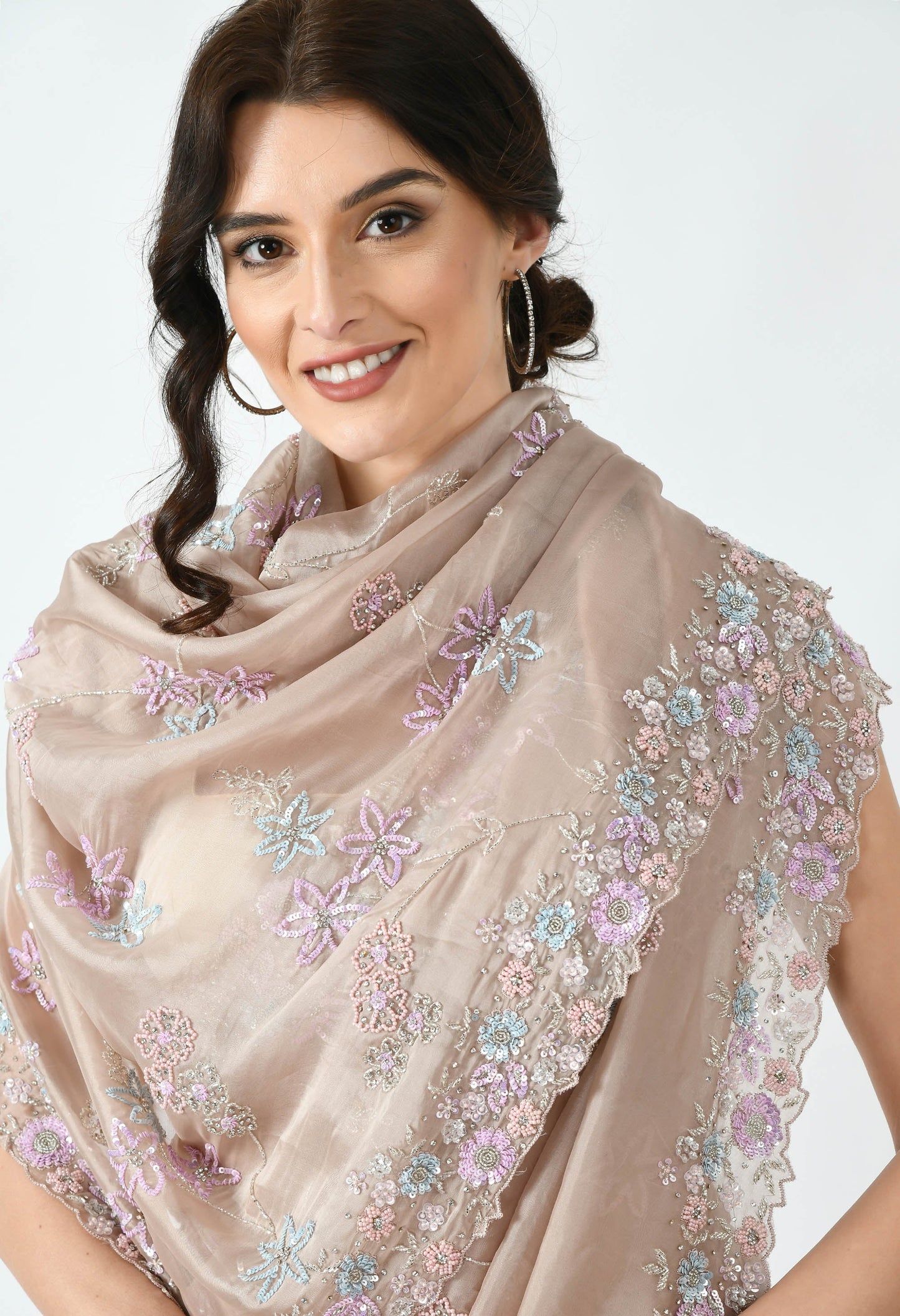 Beige Hand embroidered Floral Organza Special Designer Saree