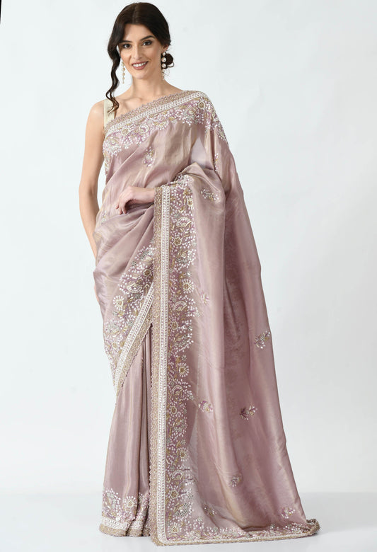 Nude embroidered Tissue Organza Special Designer Sleeveless Saree