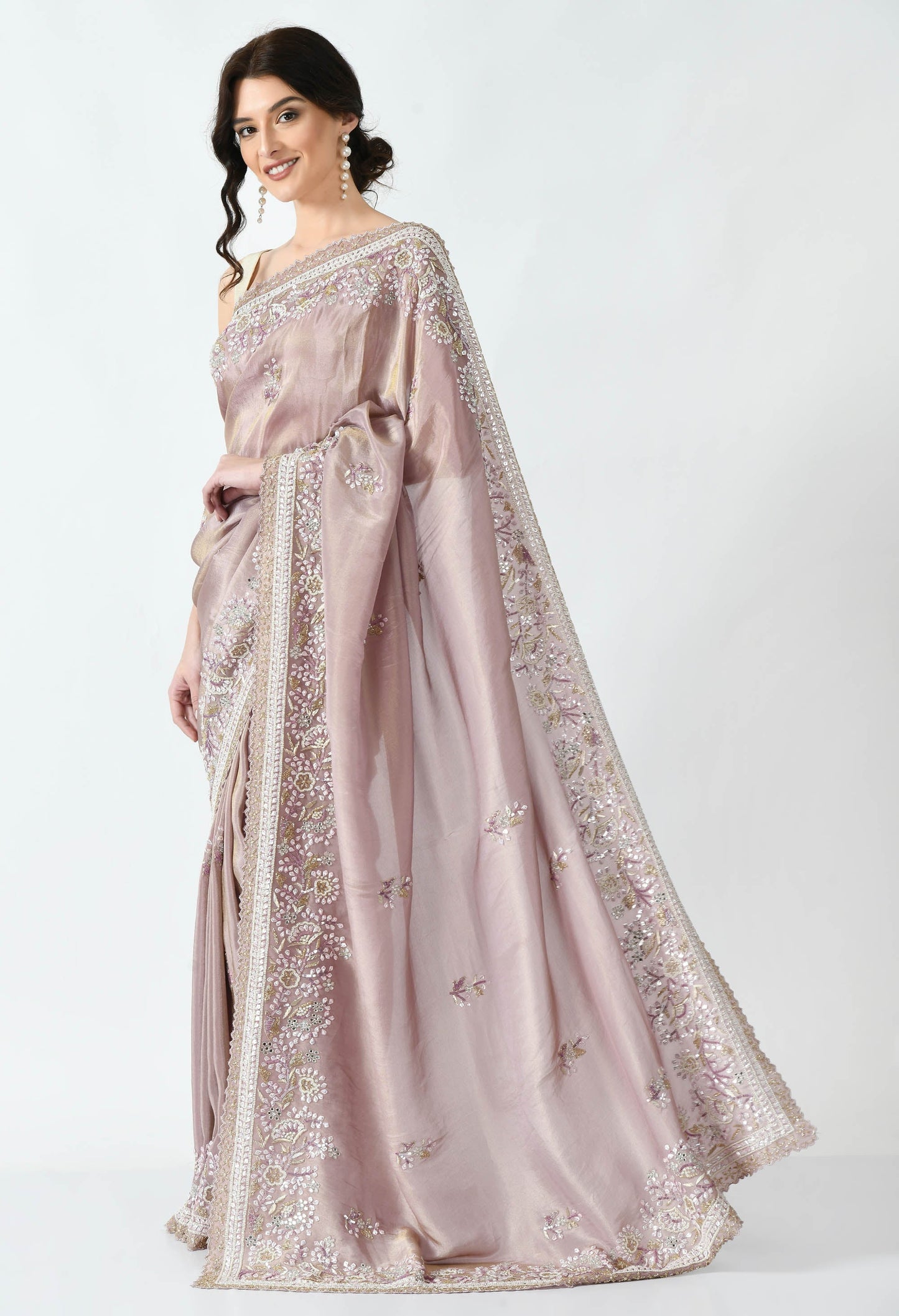Nude embroidered Tissue Organza Special Designer Sleeveless Saree
