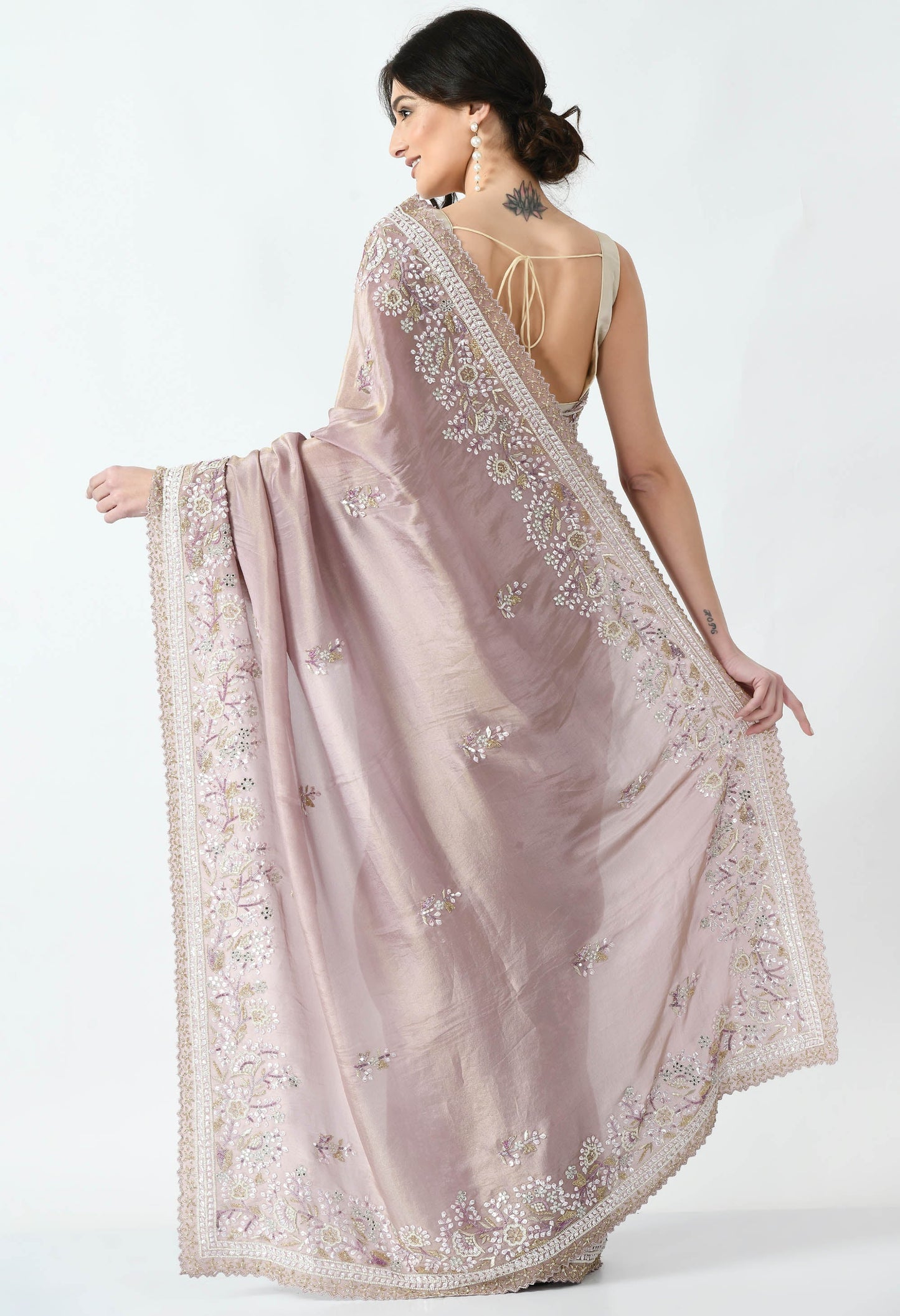 Nude embroidered Tissue Organza Special Designer Sleeveless Saree