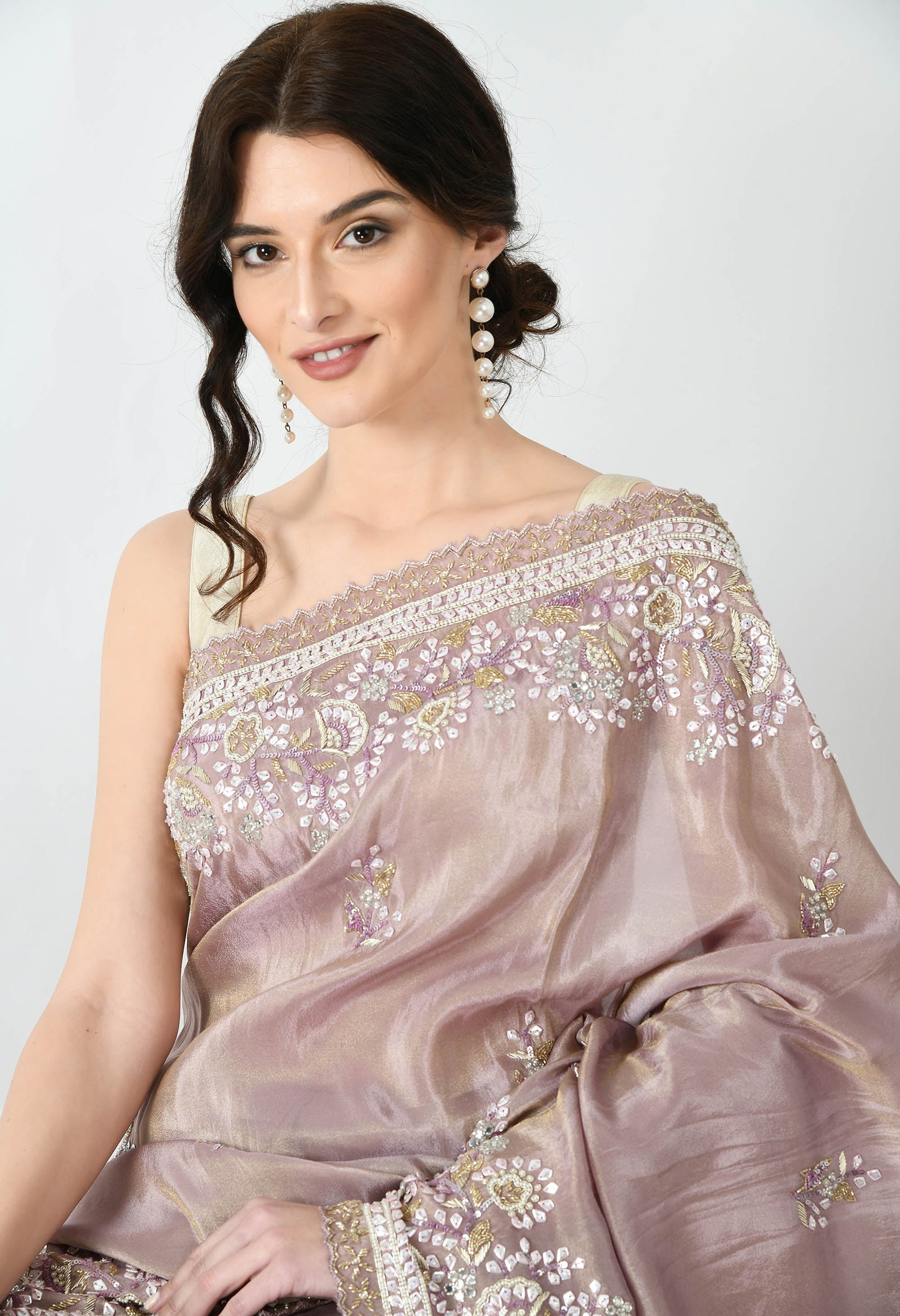 Nude embroidered Tissue Organza Special Designer Sleeveless Saree