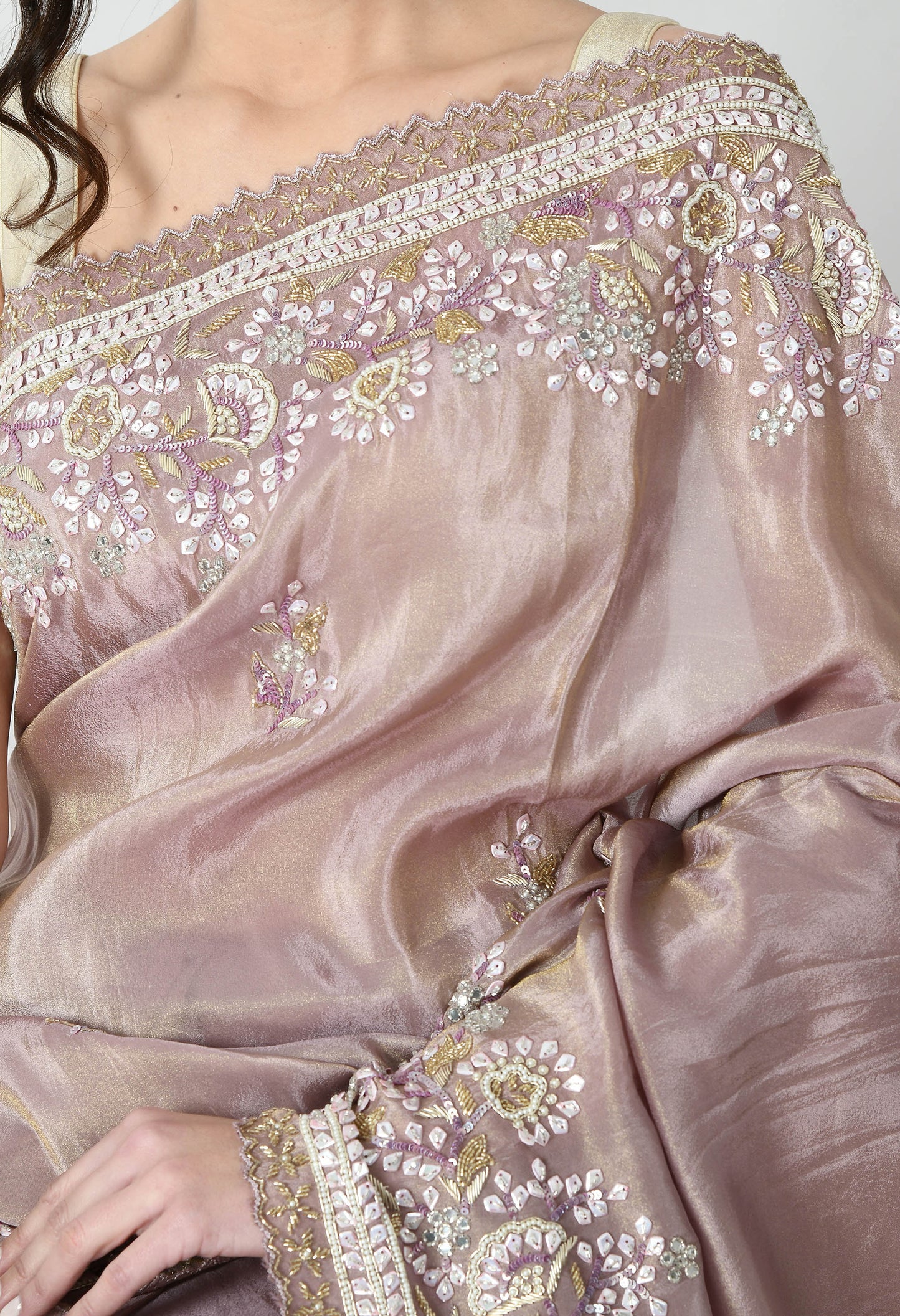 Nude embroidered Tissue Organza Special Designer Sleeveless Saree