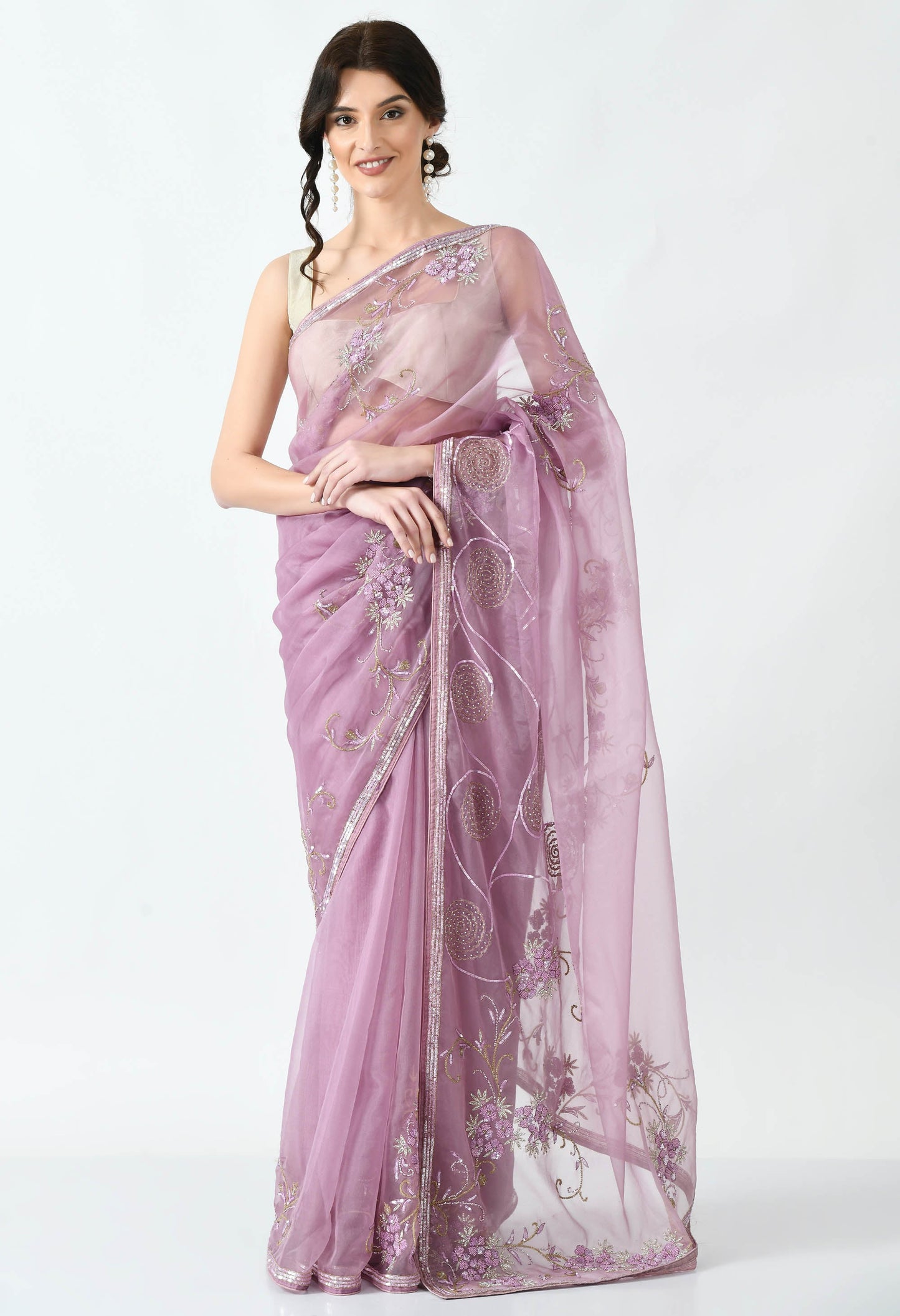 Purple Hand embroidered Organza Designer Saree for Bridesmaid