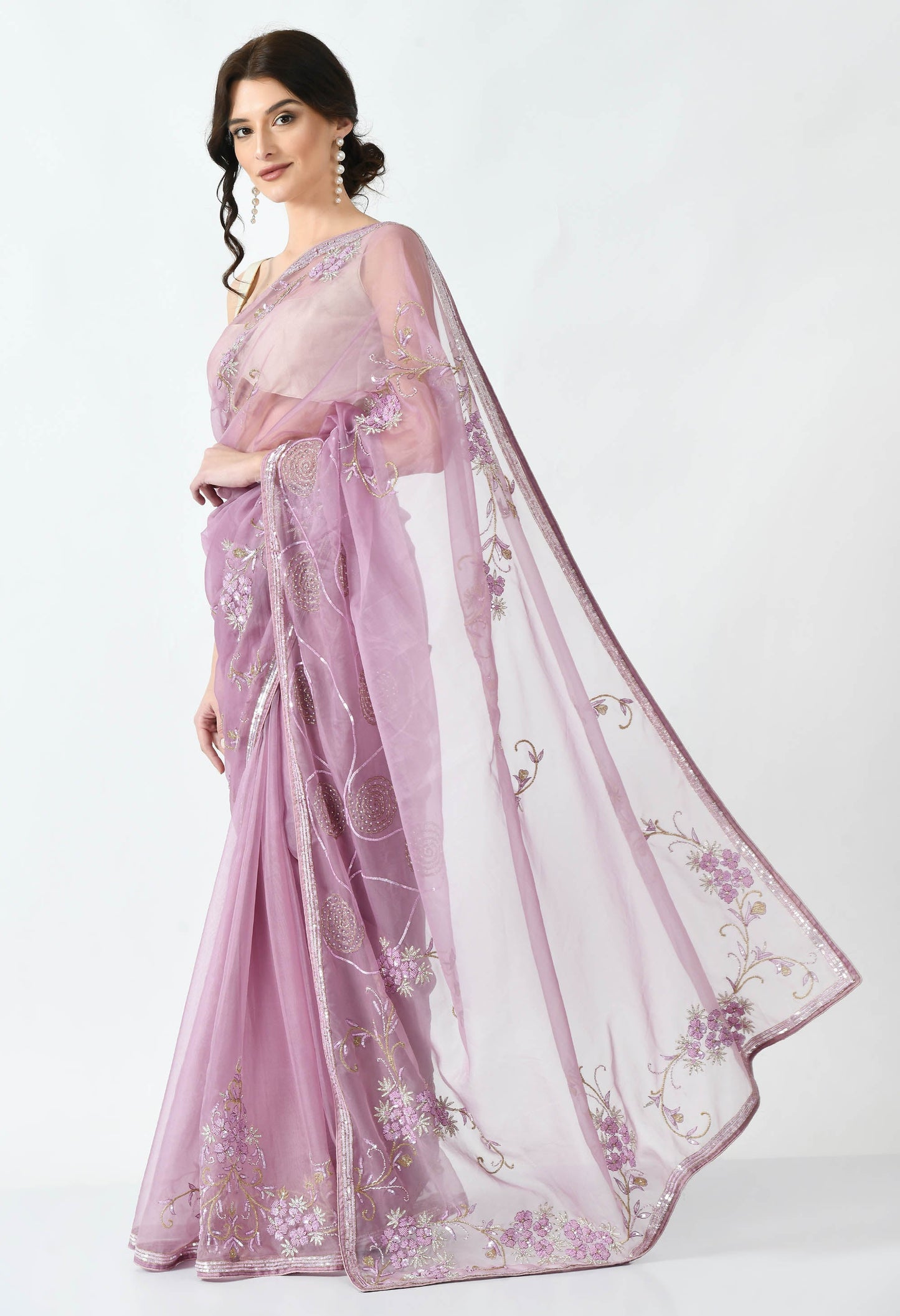 Purple Hand embroidered Organza Designer Saree for Bridesmaid