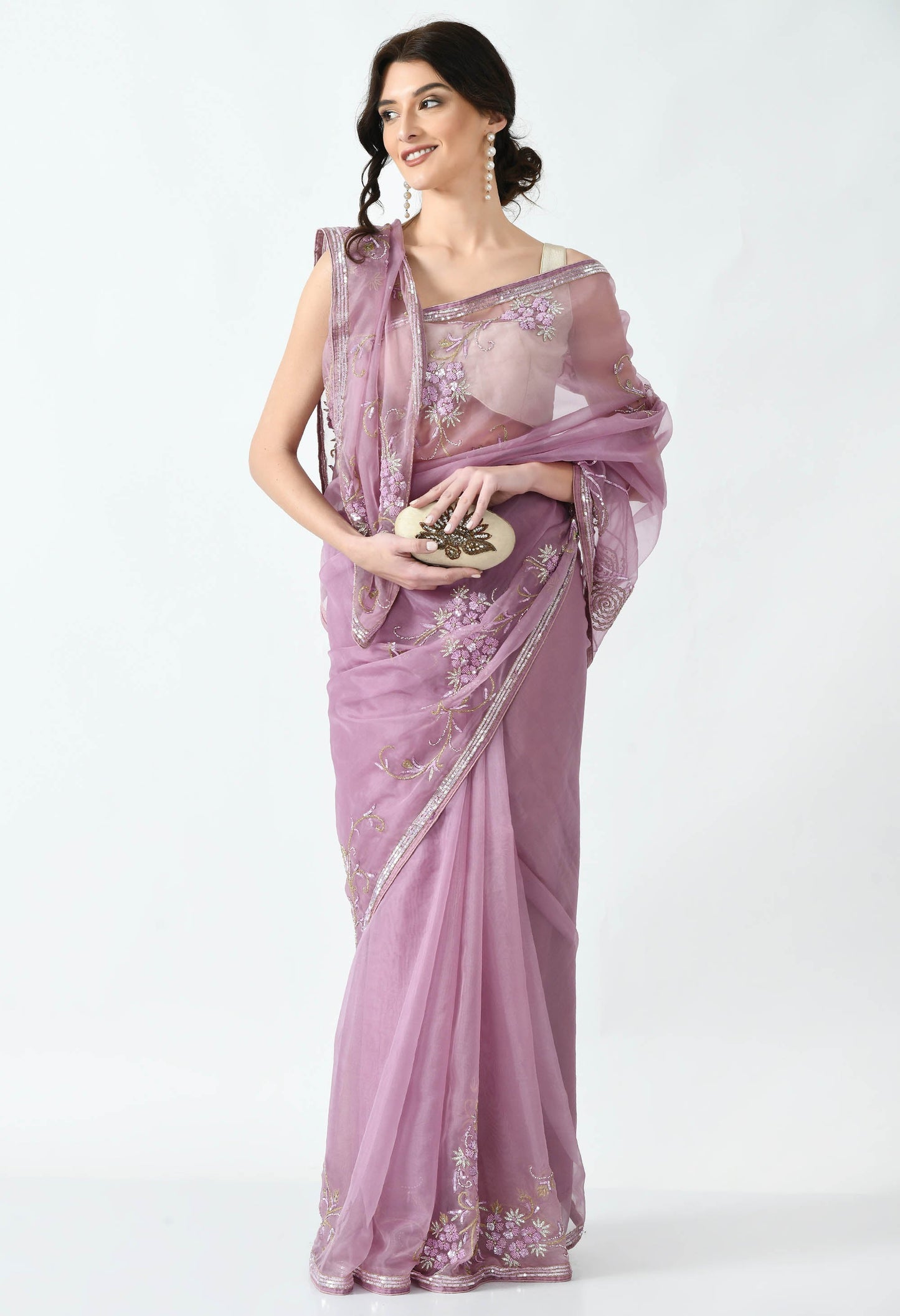 Purple Hand embroidered Organza Designer Saree for Bridesmaid