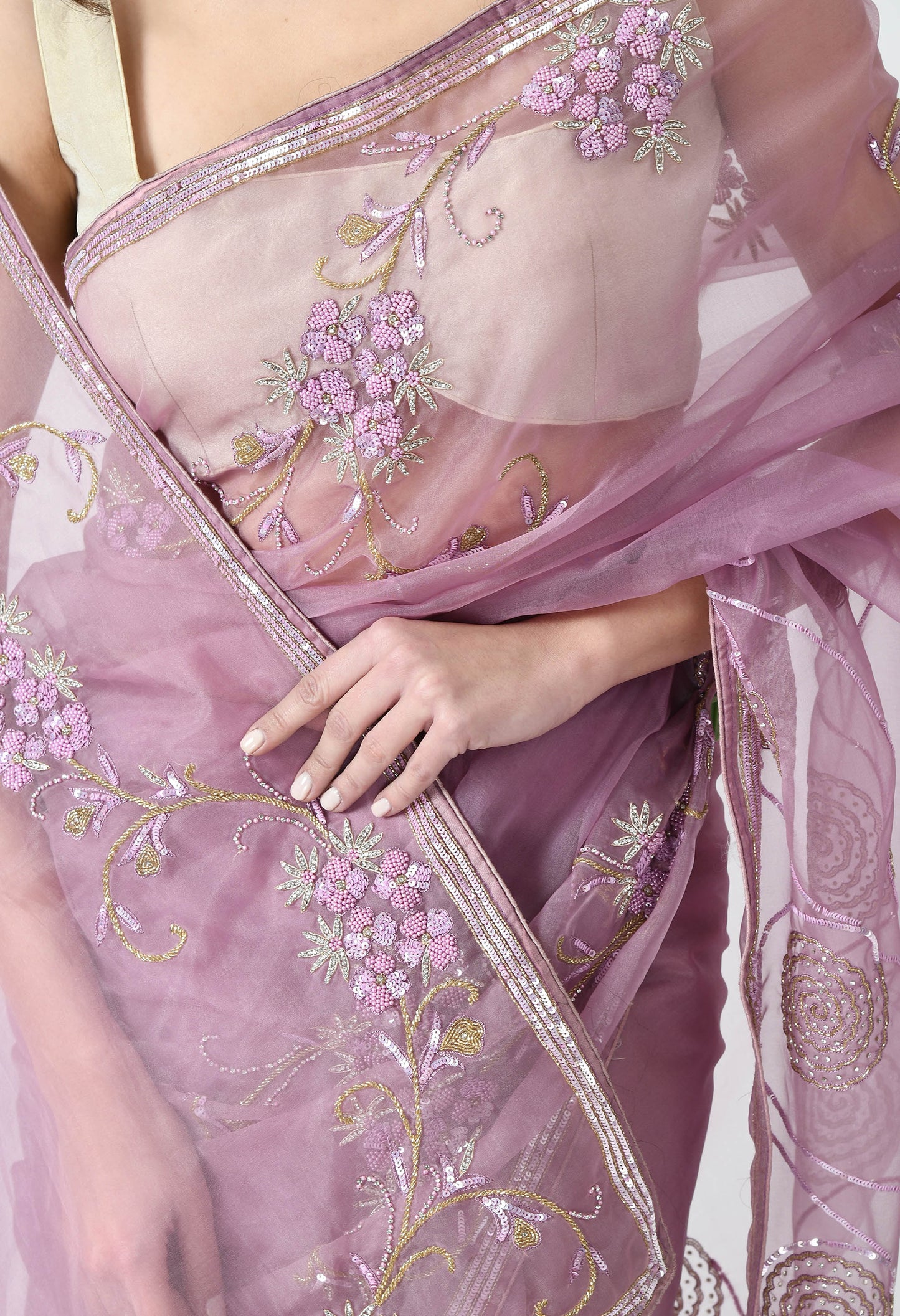 Purple Hand embroidered Organza Designer Saree for Bridesmaid