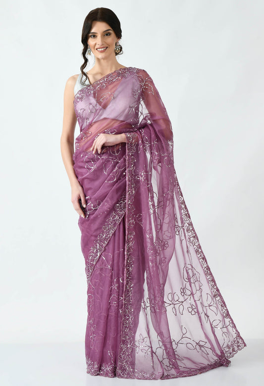 Peach Hand embroidered Organza Sleeveless Designer Saree for Wedding