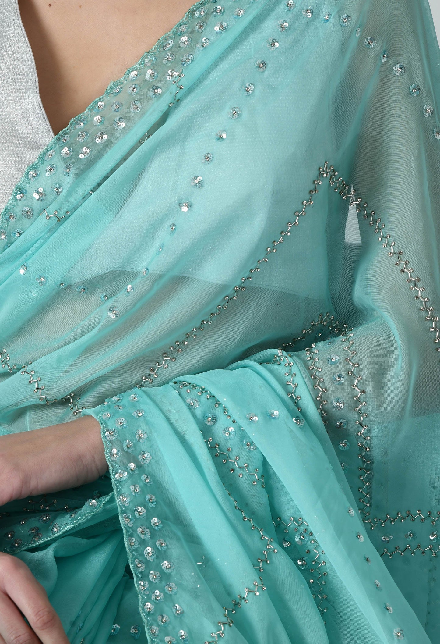 Sky Blue Hand embroidered Organza Special Designer Saree for Engagement