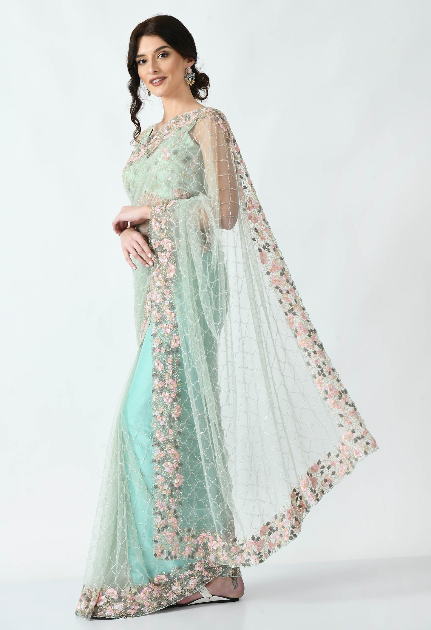 Mint Hand embroidered Net Special Designer Saree for Bridesmaid