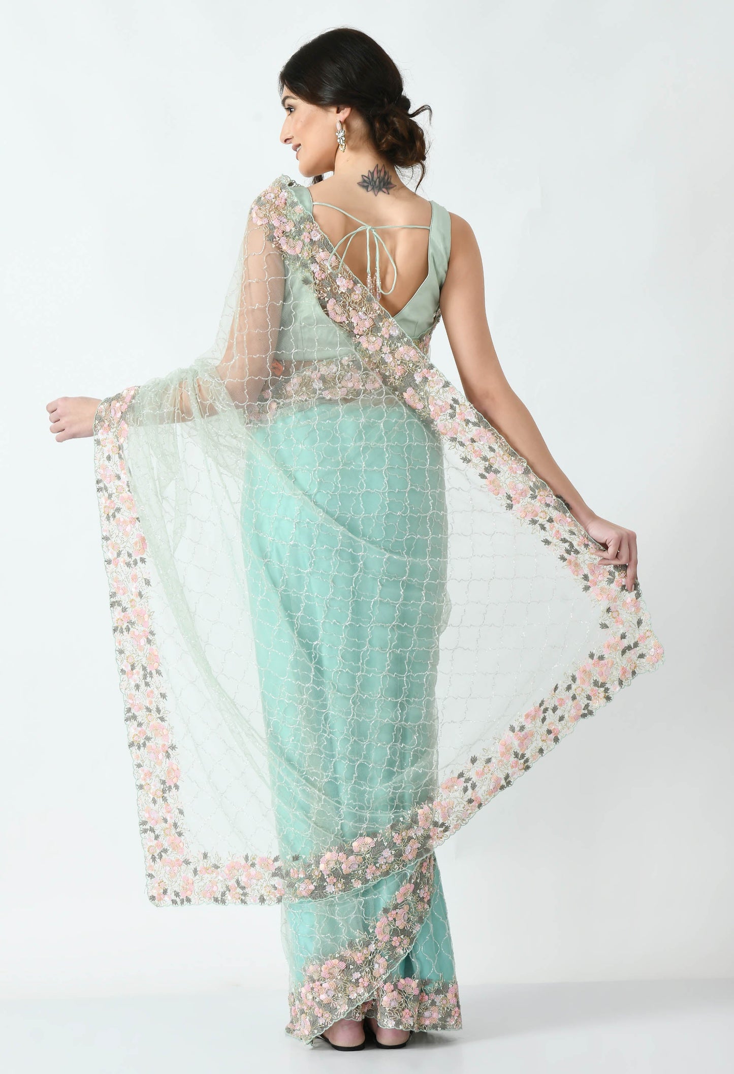 Mint Hand embroidered Net Special Designer Saree for Bridesmaid
