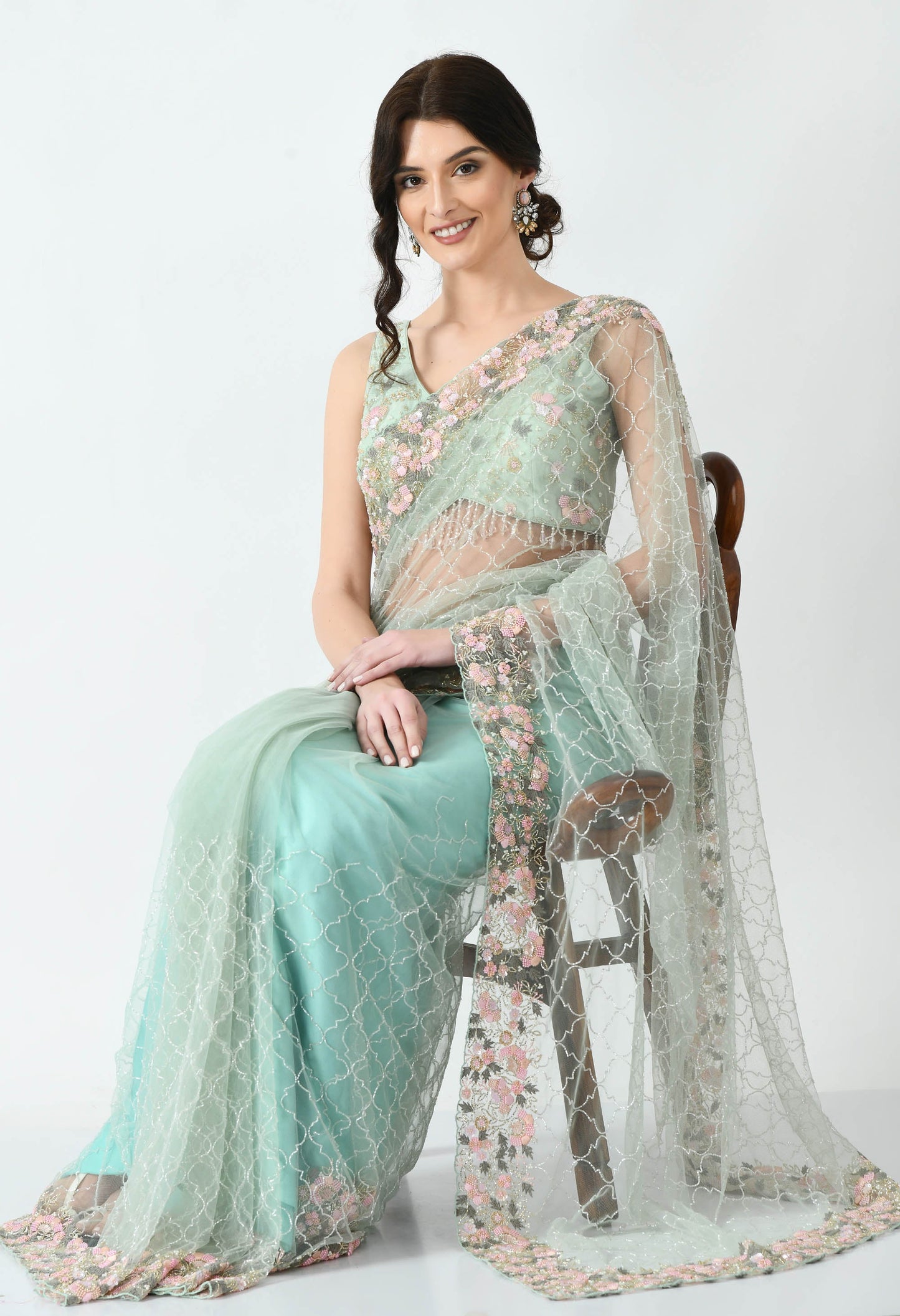 Mint Hand embroidered Net Special Designer Saree for Bridesmaid