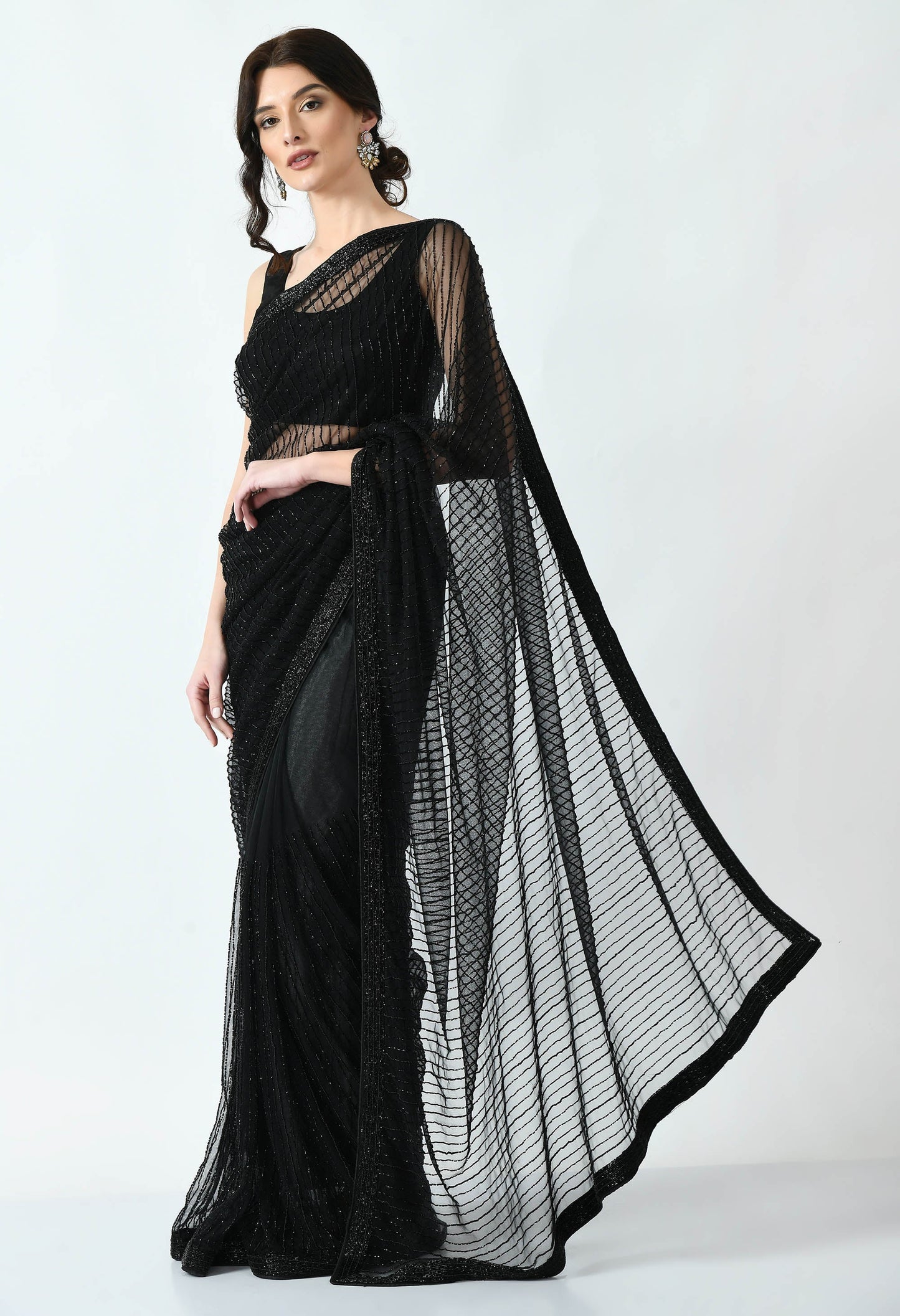 Black Hand embroidered Net Transparent Designer Saree for Cocktail