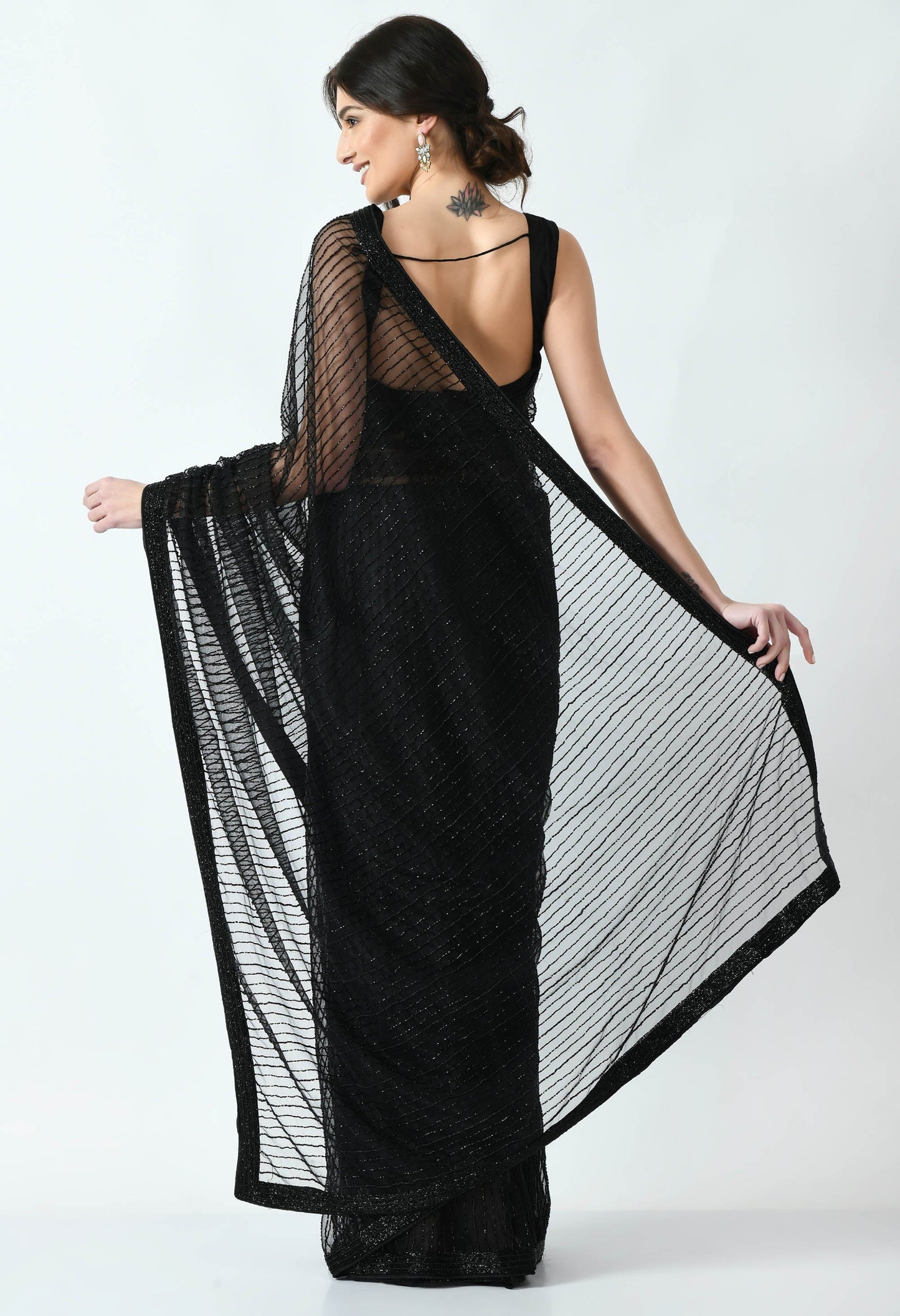 Black Hand embroidered Net Transparent Designer Saree for Cocktail