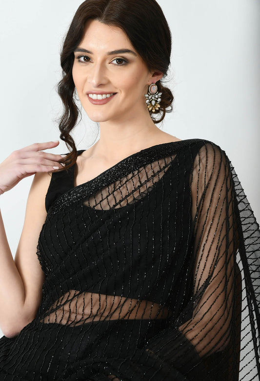 Black Hand embroidered Net Transparent Designer Saree for Cocktail