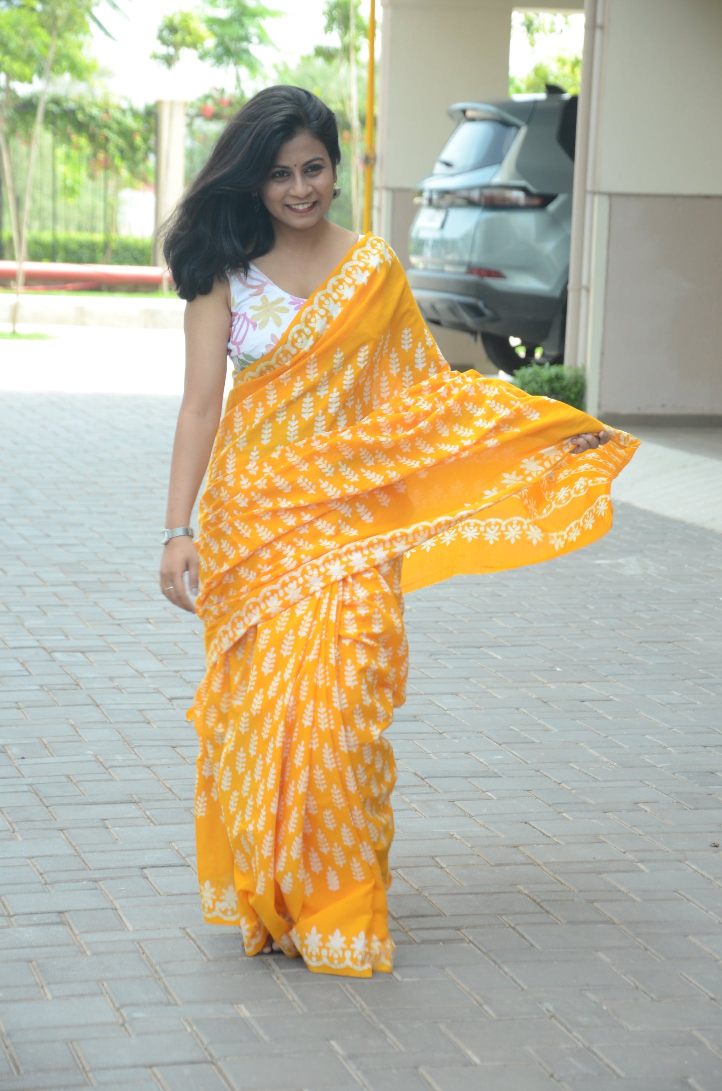 Summer Vacation Collection - Ammiya - Handblock Print Natural Dyed - Yellow Mulmul Cotton Saree