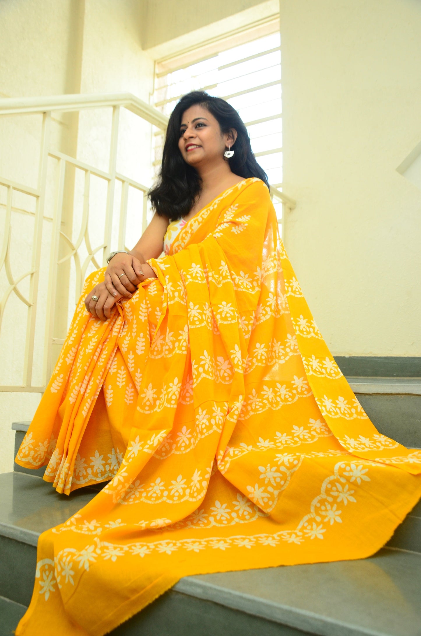 Summer Vacation Collection - Ammiya - Handblock Print Natural Dyed - Yellow Mulmul Cotton Saree
