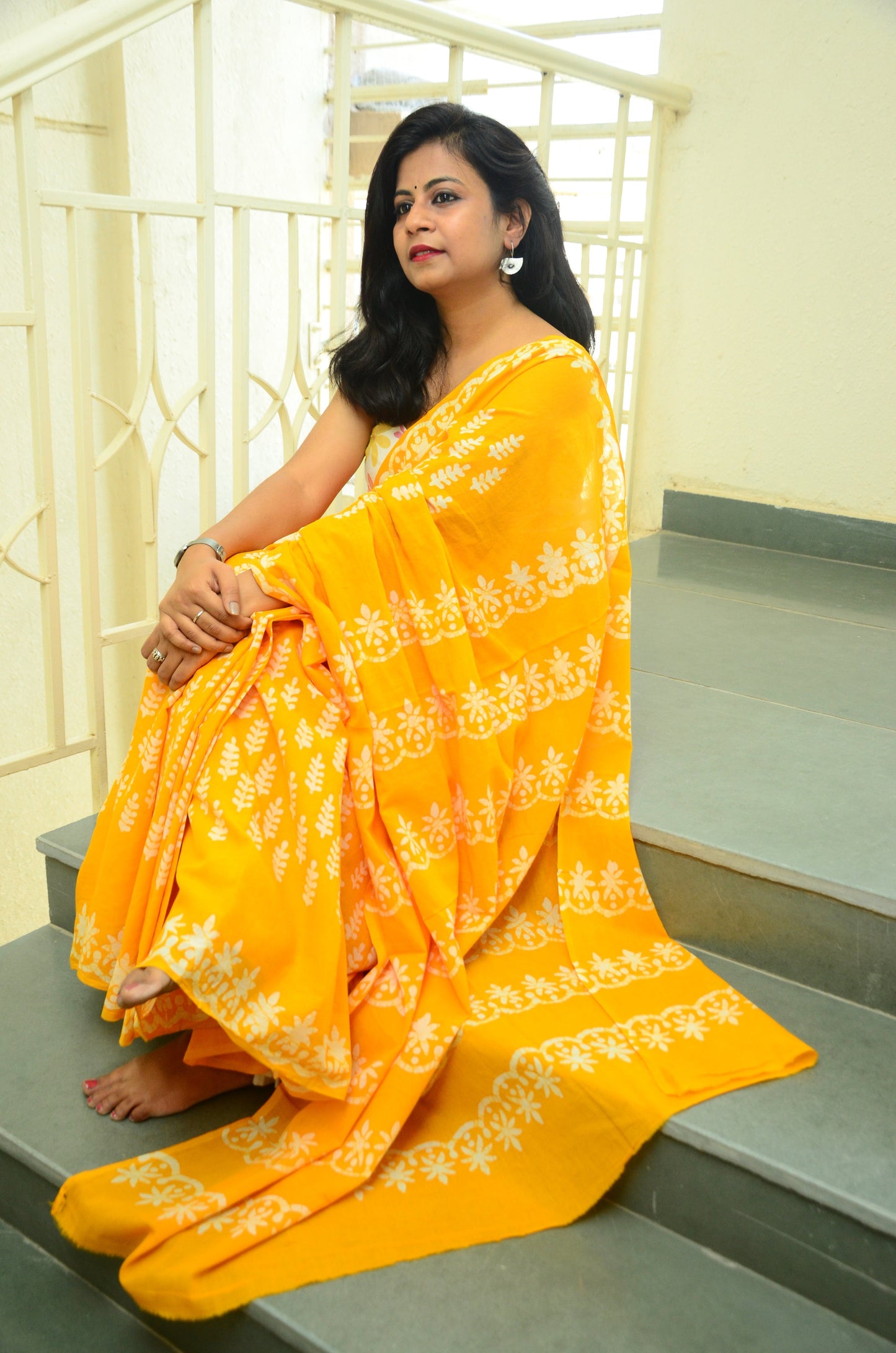Summer Vacation Collection - Ammiya - Handblock Print Natural Dyed - Yellow Mulmul Cotton Saree