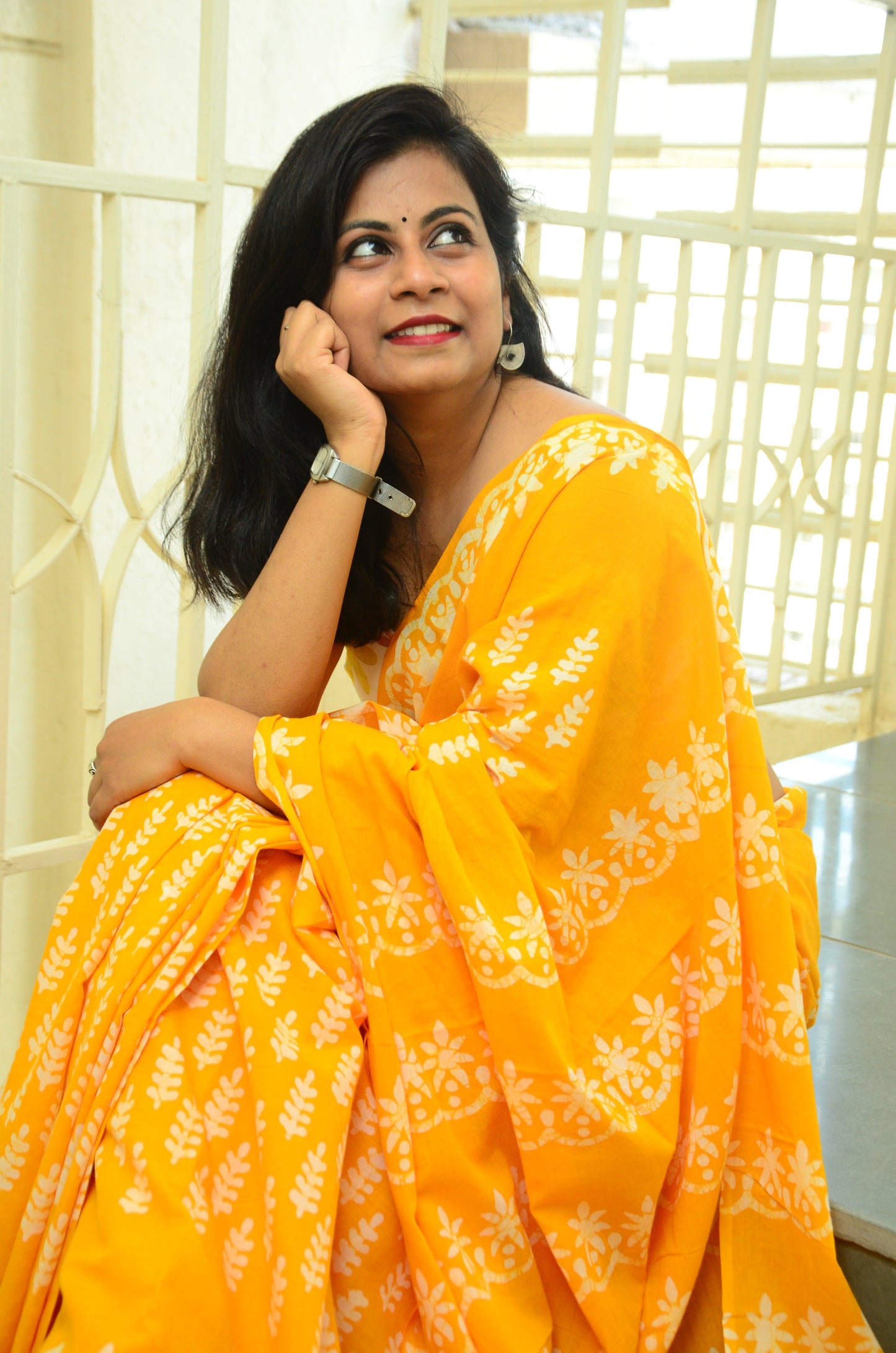 Summer Vacation Collection - Ammiya - Handblock Print Natural Dyed - Yellow Mulmul Cotton Saree