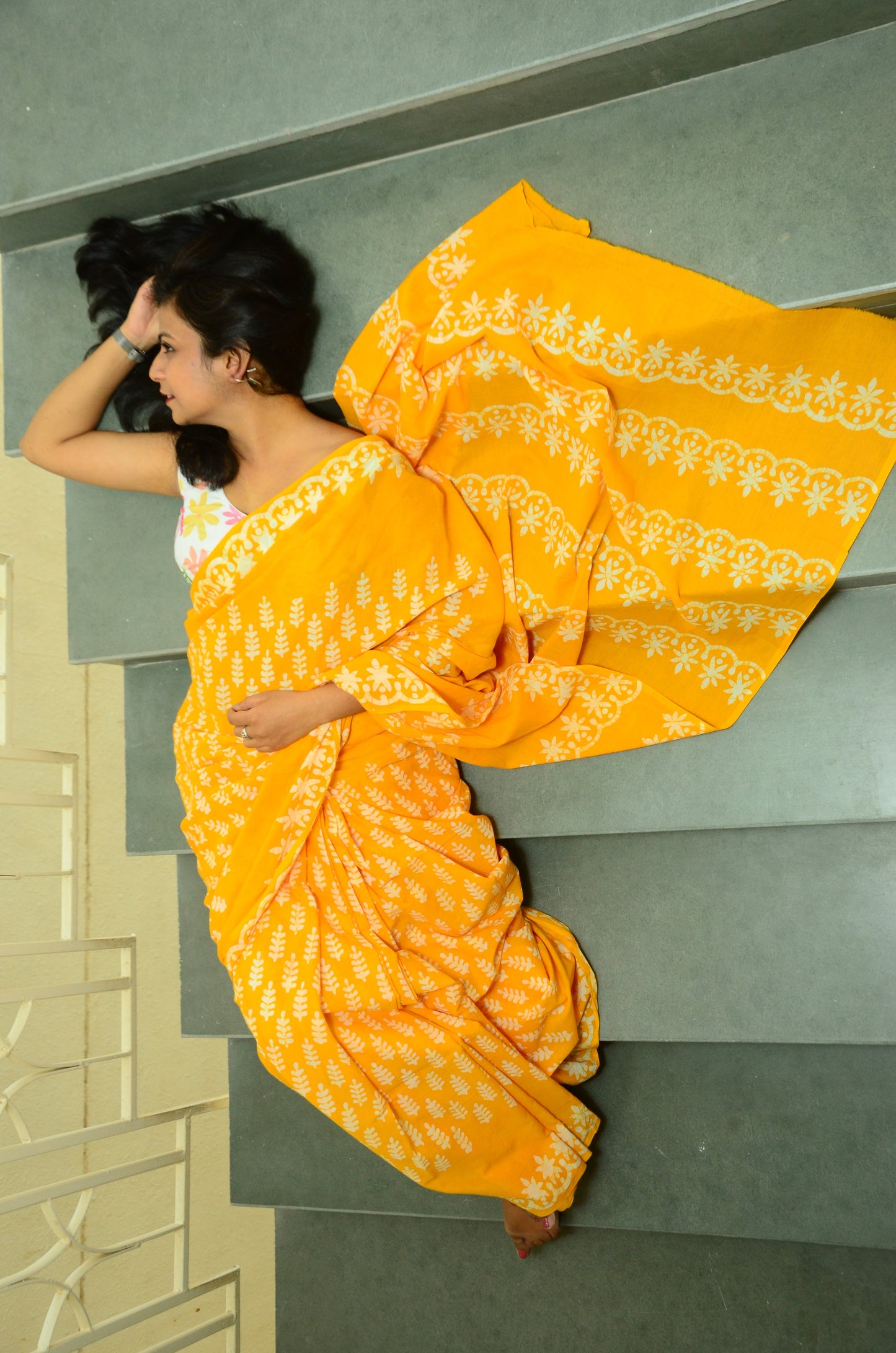 Summer Vacation Collection - Ammiya - Handblock Print Natural Dyed - Yellow Mulmul Cotton Saree