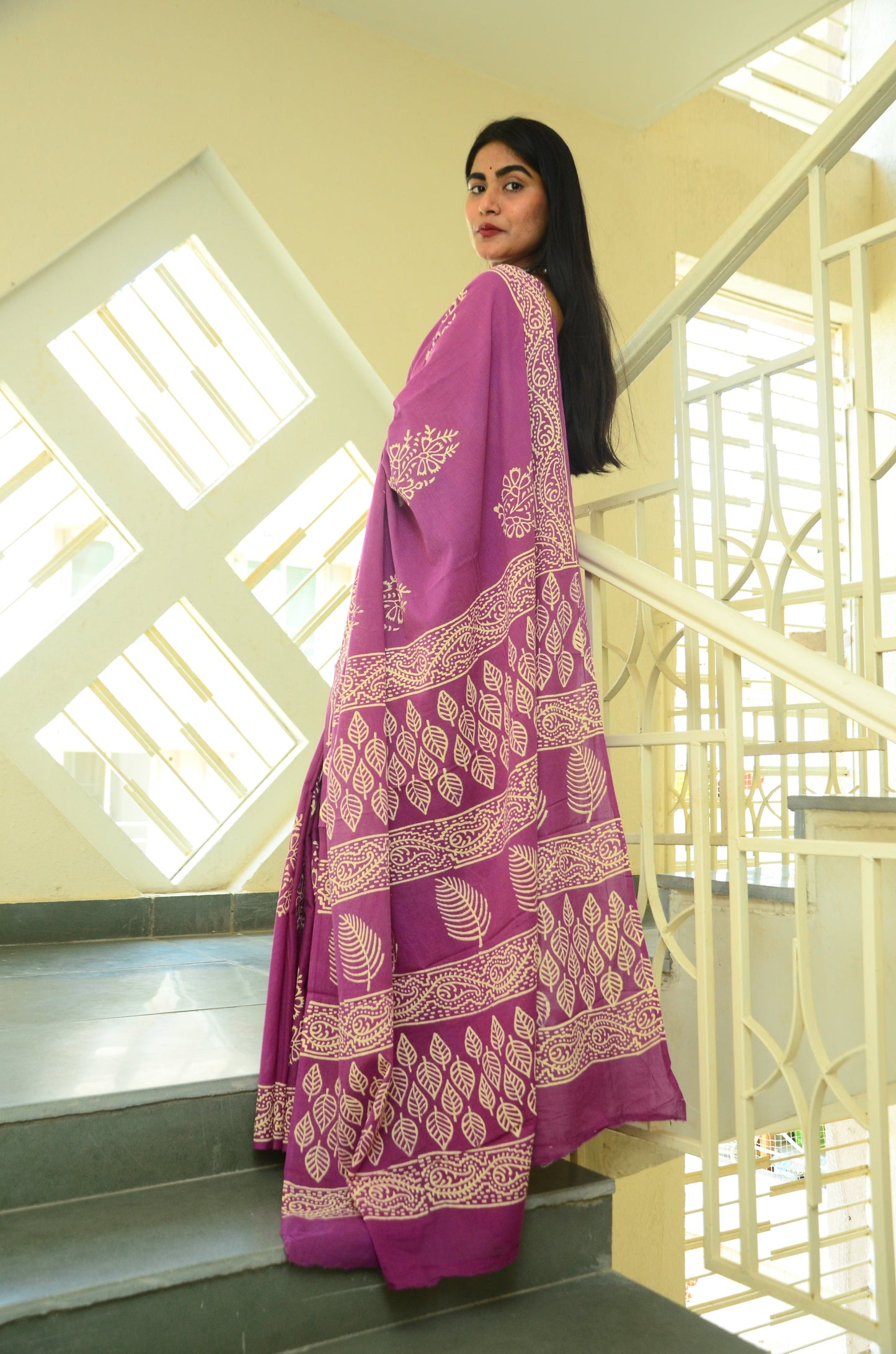 Poppins Collection - Purple Poppins Candy - Handblock Print Natural Dyed - Mulmul Cotton Saree