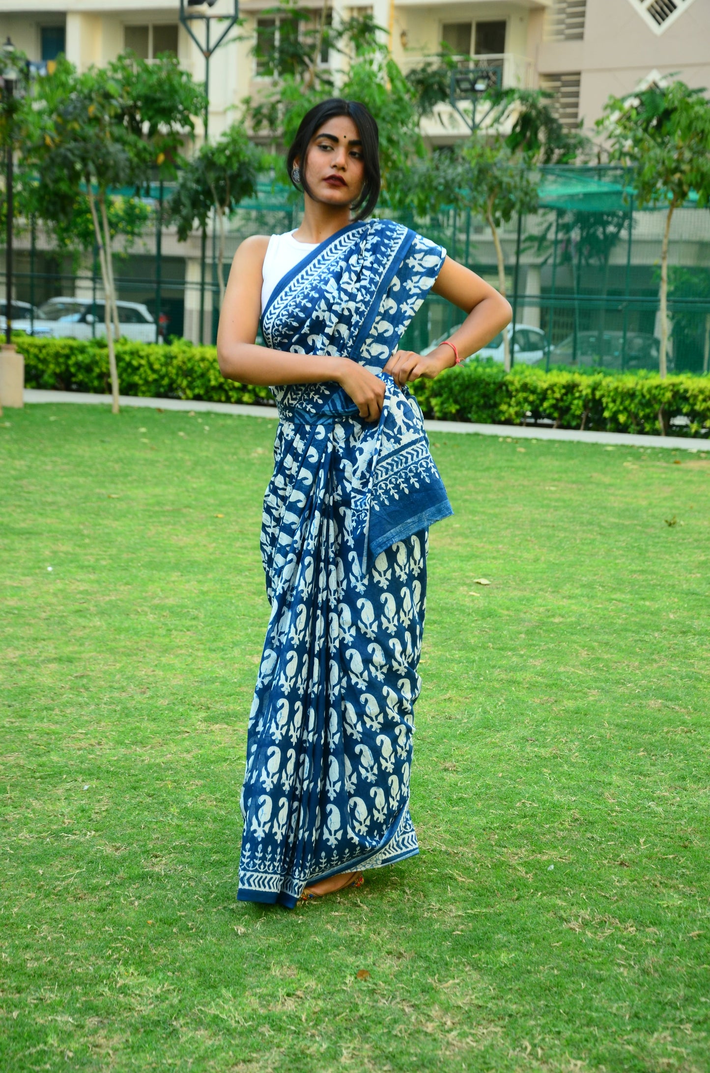 Ocean of Love - Indigo Collection  - Blue Cotton Mulmul Bagru Saree