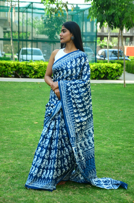 Ocean of Love - Indigo Collection  - Blue Cotton Mulmul Bagru Saree