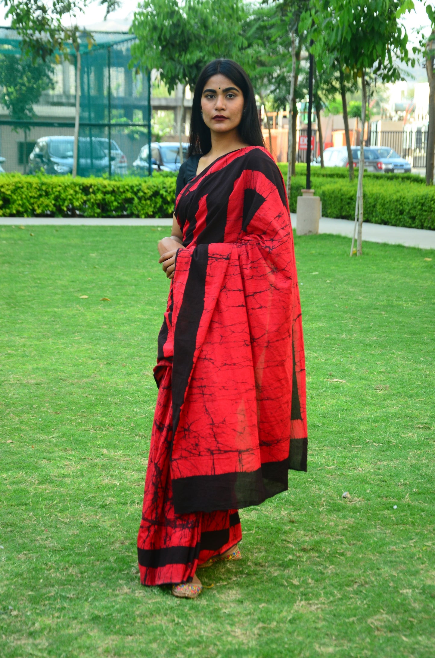 Fire in the Sky - Red Batik Cotton Mulmul Handblock Saree