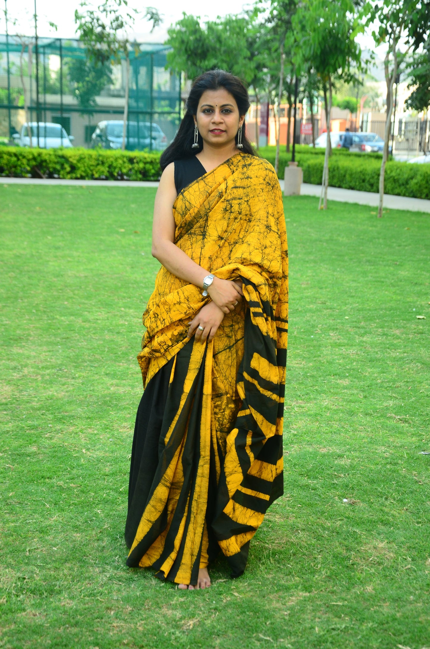 Sand Dunes - Yellow Batik Cotton Mulmul Handblock Saree