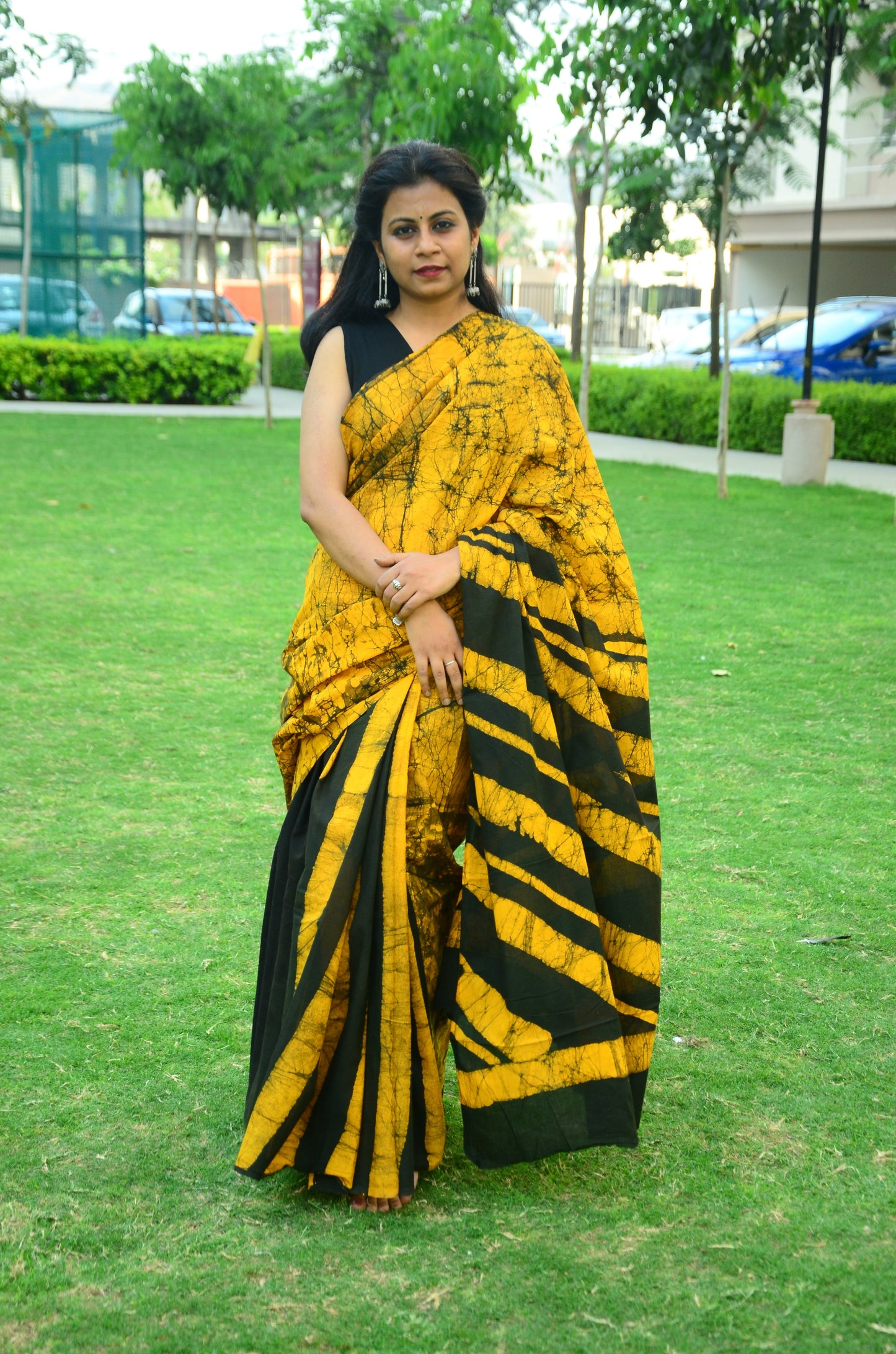 Sand Dunes - Yellow Batik Cotton Mulmul Handblock Saree