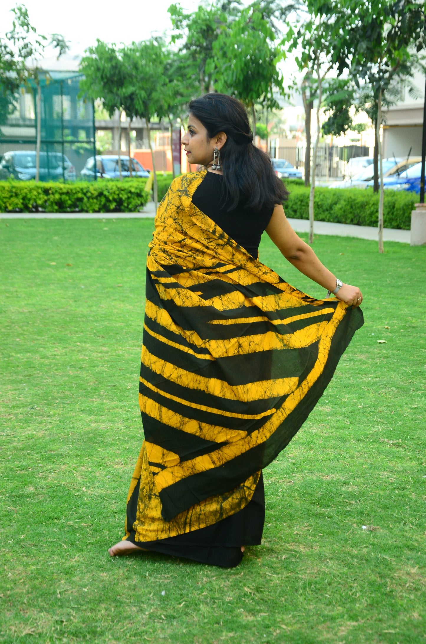 Sand Dunes - Yellow Batik Cotton Mulmul Handblock Saree