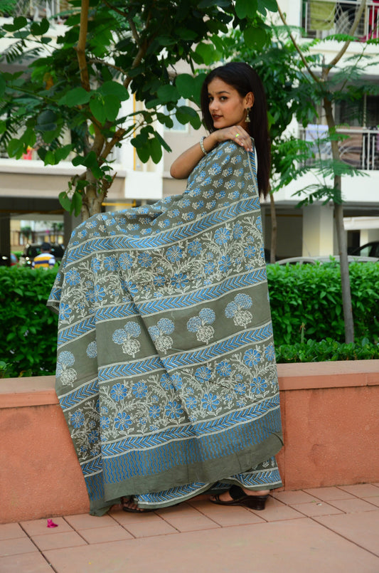 Foresta-Green Handblock Print Natural Dyed - Mulmul Cotton Saree
