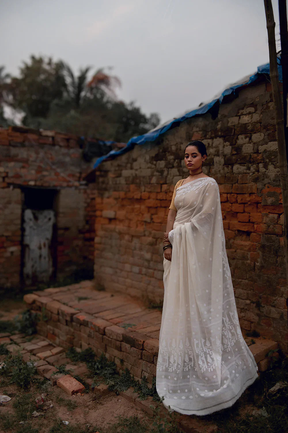 Handloom Off White Pure Cotton Jamdani Saree with White Woven Border