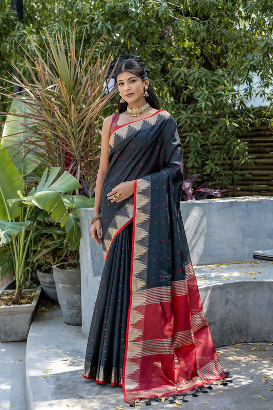 Elisha Pyramid Black Raw silk Zari woven Saree