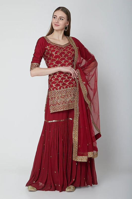 Maroon Silk Dabka & Gota Embroidered Motifs Sharara Set