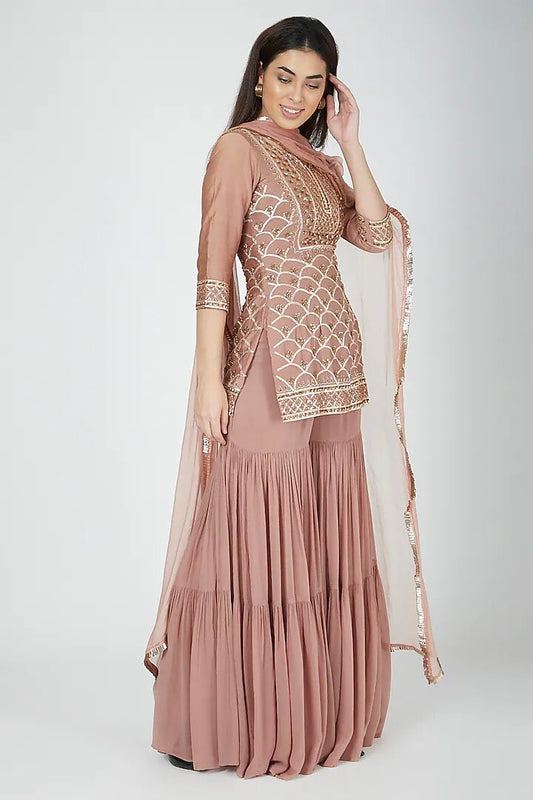 Peach Georgette Naksha Embroidery Split Chanderi Kurta Sharara Set