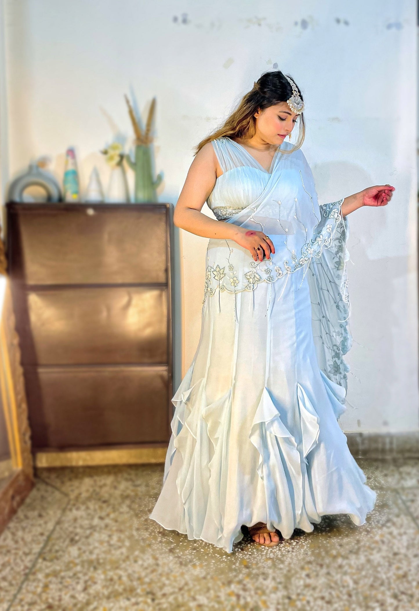 Ice Blue Georgette hand embroidered Cocktail Lehenga