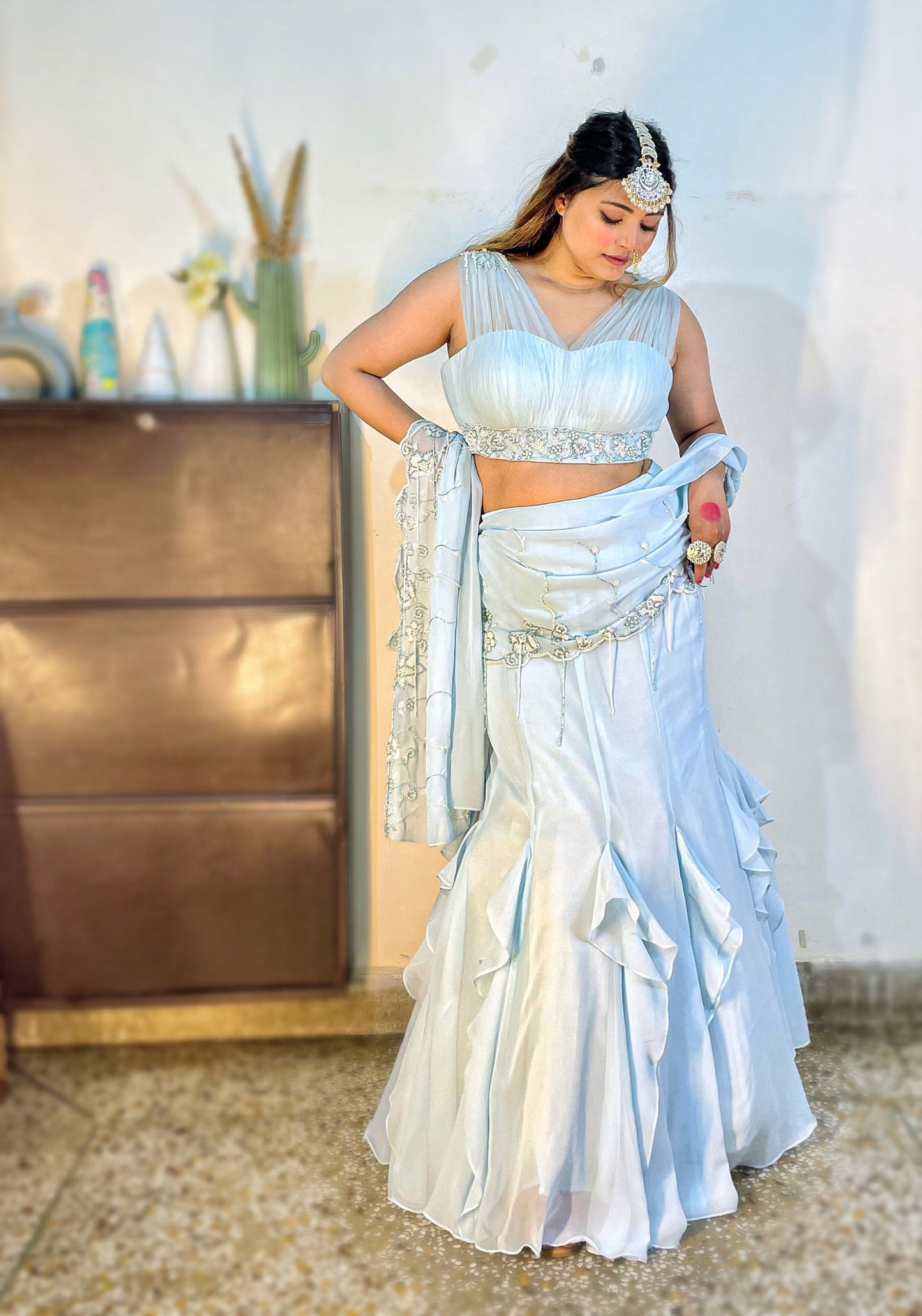 Ice Blue Georgette hand embroidered Cocktail Lehenga
